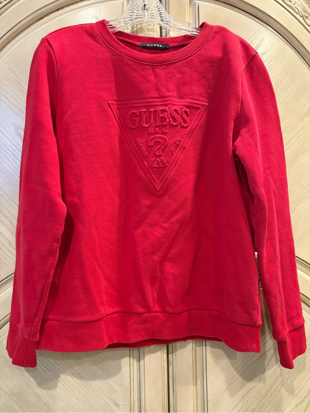 Guess Red Embossed Triangle Logo Crewneck Sweatshirt, size L